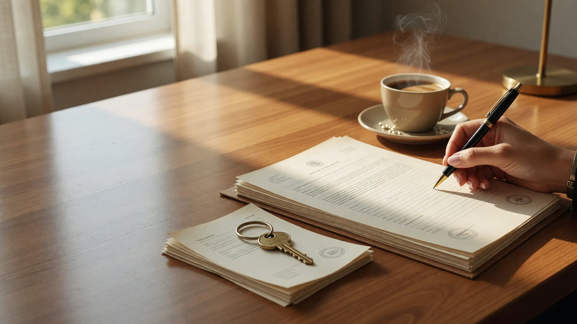 Hand signing real estate closing documents on a polished wooden conference table with a brass key nearby