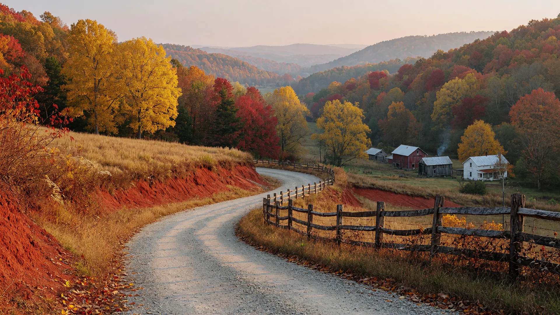 A gravel lane winding through gold and crimson autumn foothills between Hartwell and the South Carolina upstate