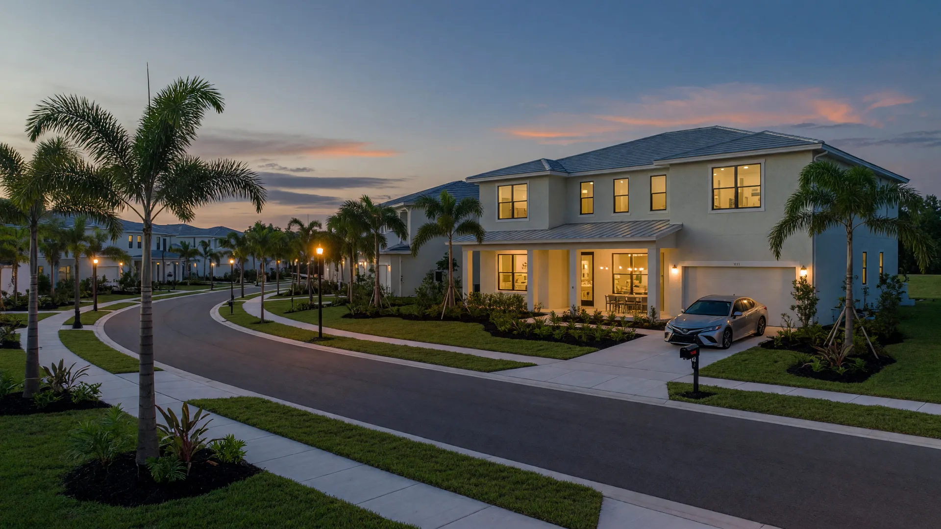 A peaceful modern new-construction home in a Polk County community glowing at dusk