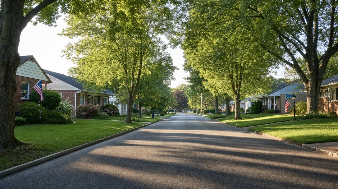 Quiet tree-lined suburban street in Boothwyn, Pennsylvania with mid-century homes on a sunny summer morning