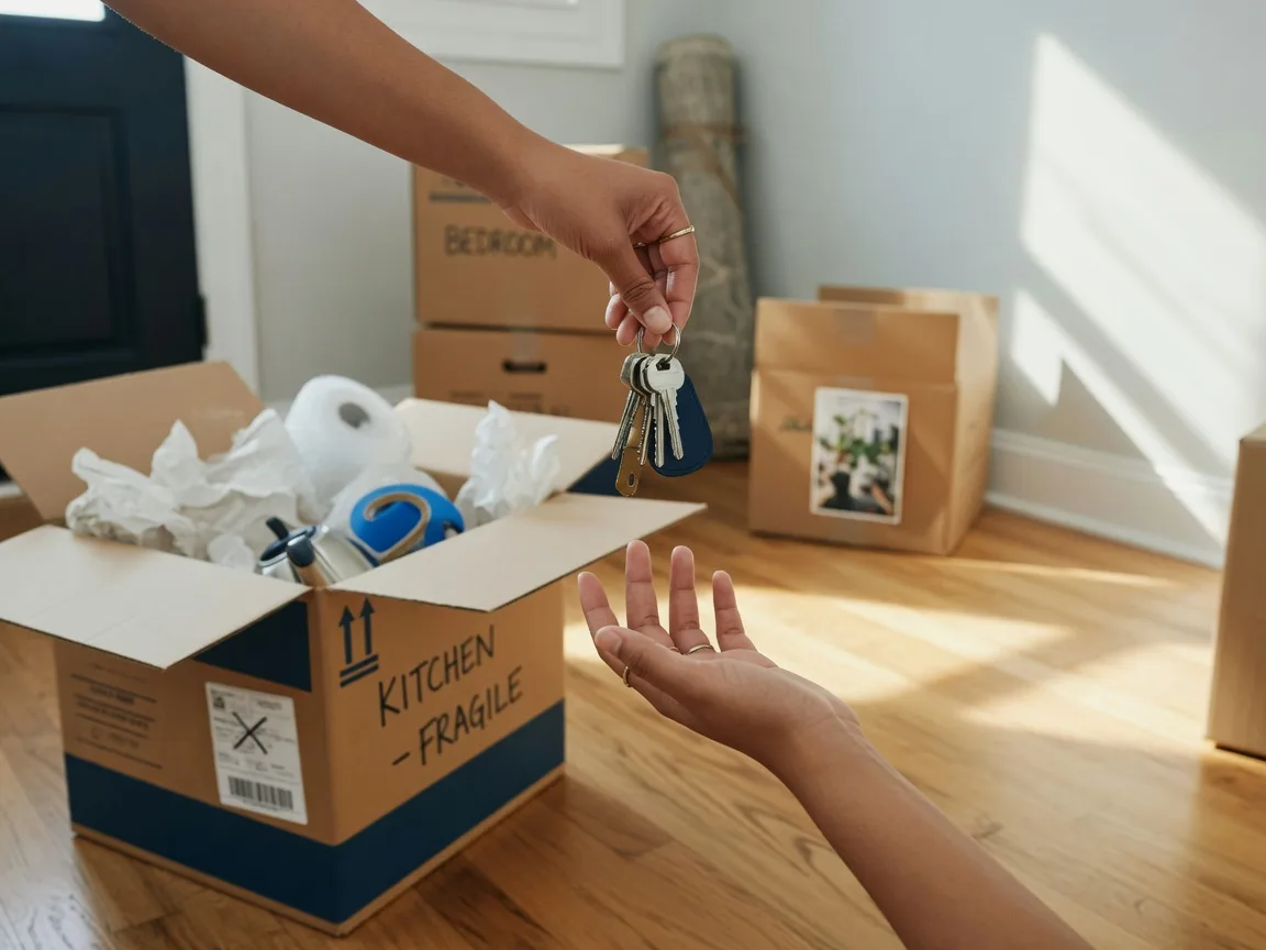House keys handed to a new homeowner beside moving supplies in a sunlit entryway.