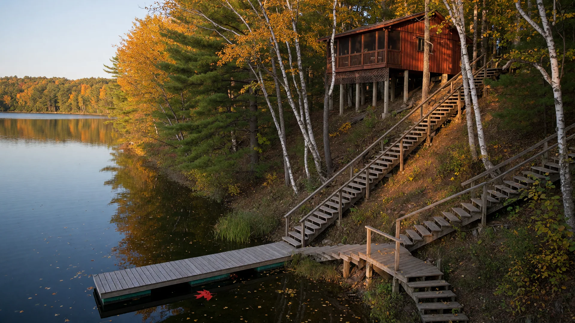 Elevated Minnesota lake cabin on a steep wooded lot with a long wooden stairway down to a dock in late September light