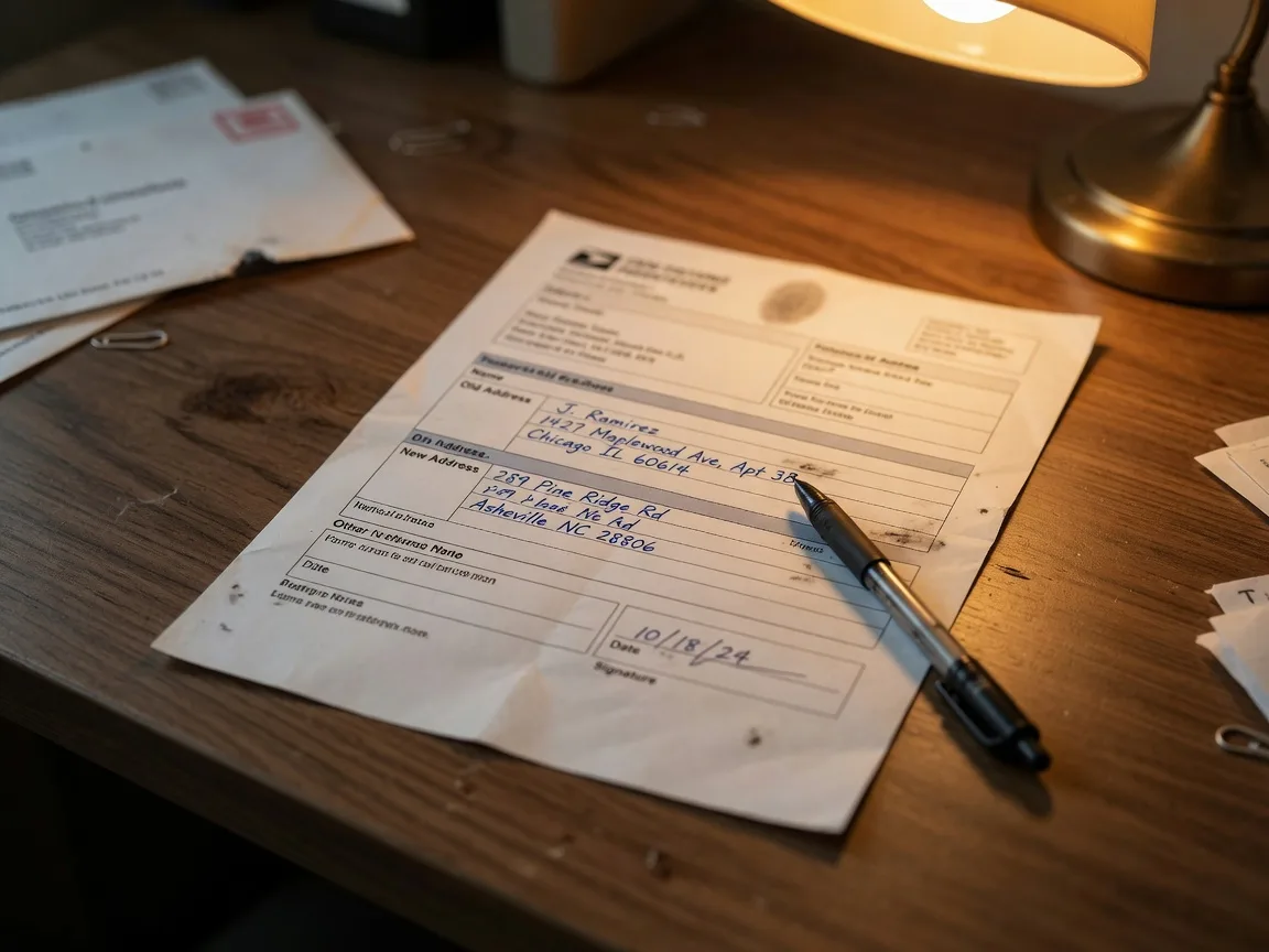 A USPS mail forwarding form being filled out on a desk, with a pen resting on the paper and soft lamplight, representing the process of redirecting a deceased person's mail