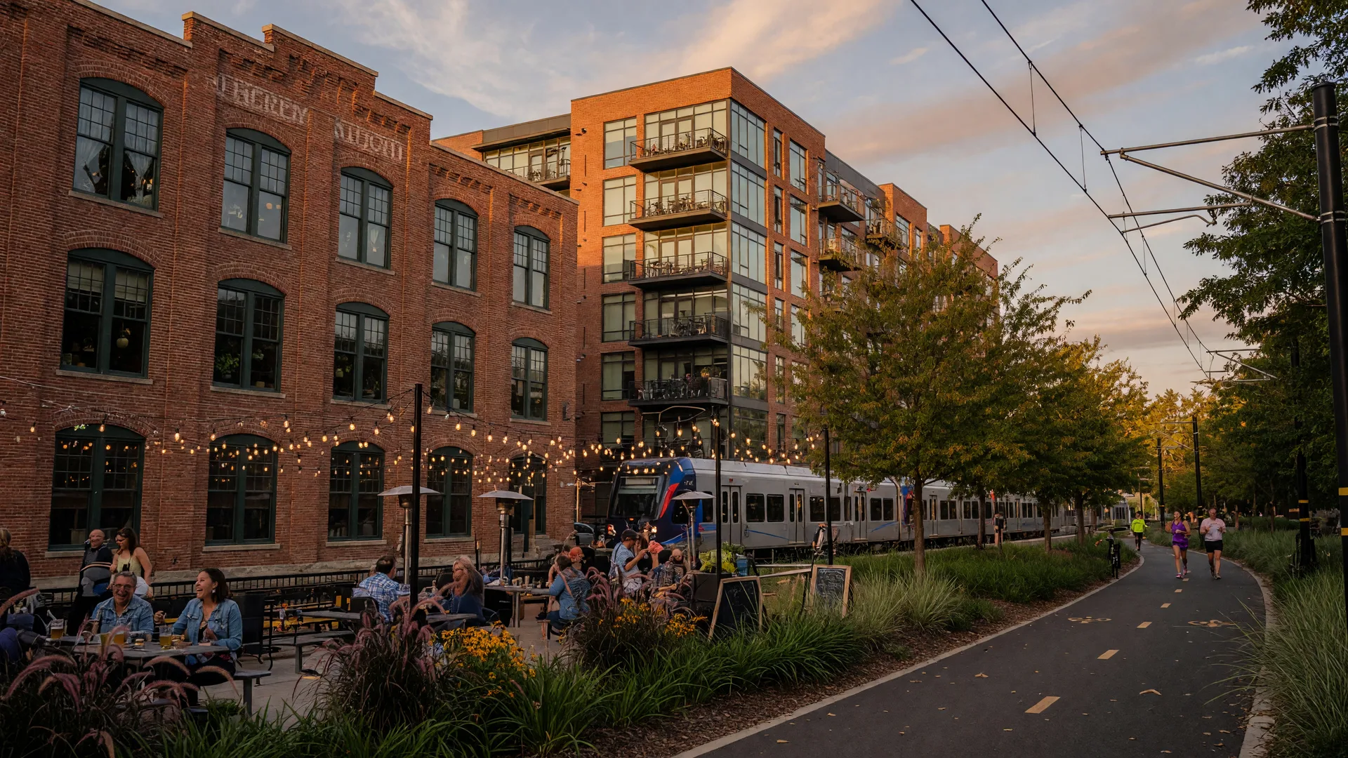 South End Charlotte walkable district with mill loft buildings, modern condos, and the LYNX light rail line at golden hour