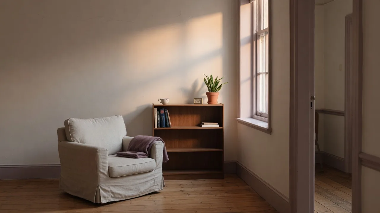 Quiet morning light in a calm therapy reading room with a linen armchair, a low bookshelf, and an open doorway fading into soft shadow