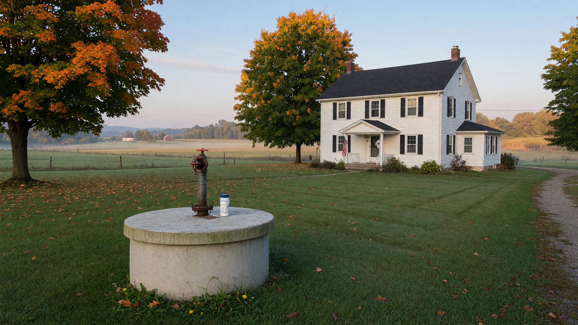 A private water well head with a concrete cap standing in the mowed side yard of a white two-story colonial home in Geauga County, Ohio, with maples just turning orange and gold on a crisp late-September morning