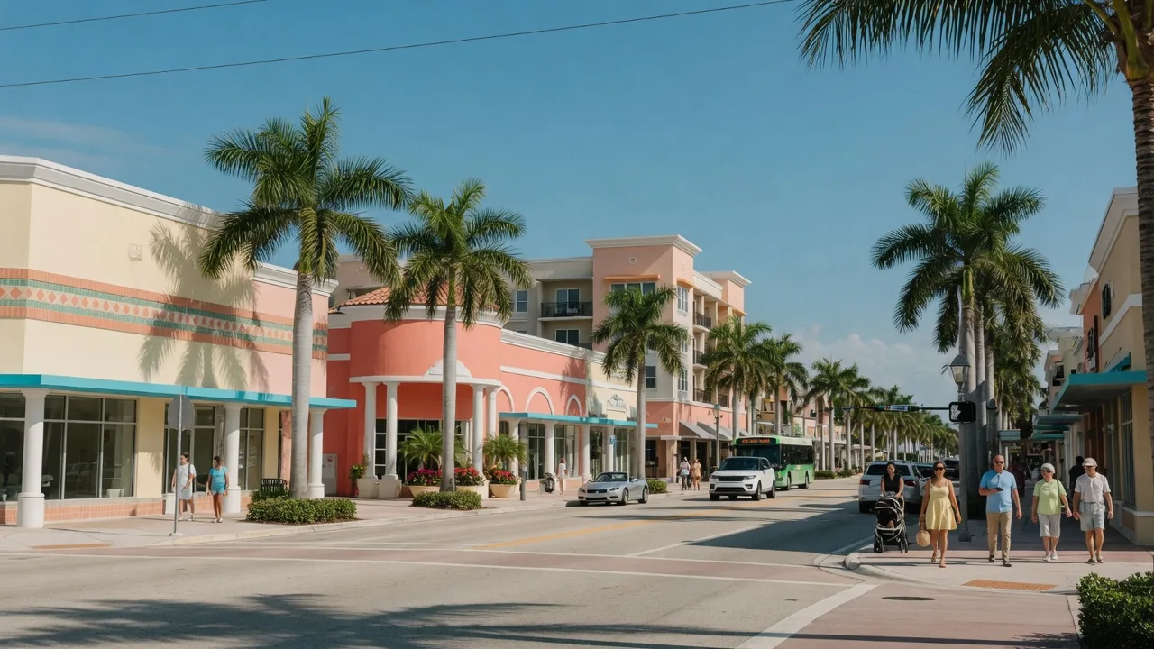 Downtown Boca Raton Florida with palm trees, storefronts, and pedestrians on Federal Highway