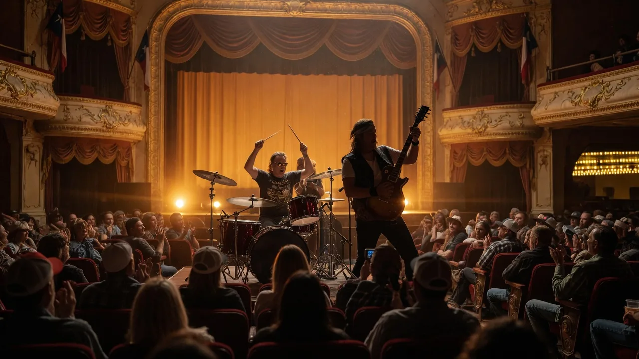 A classic rock tribute band performing on the stage of a historic small-town Texas theatre, silhouetted under warm amber stage lights with red velvet seating