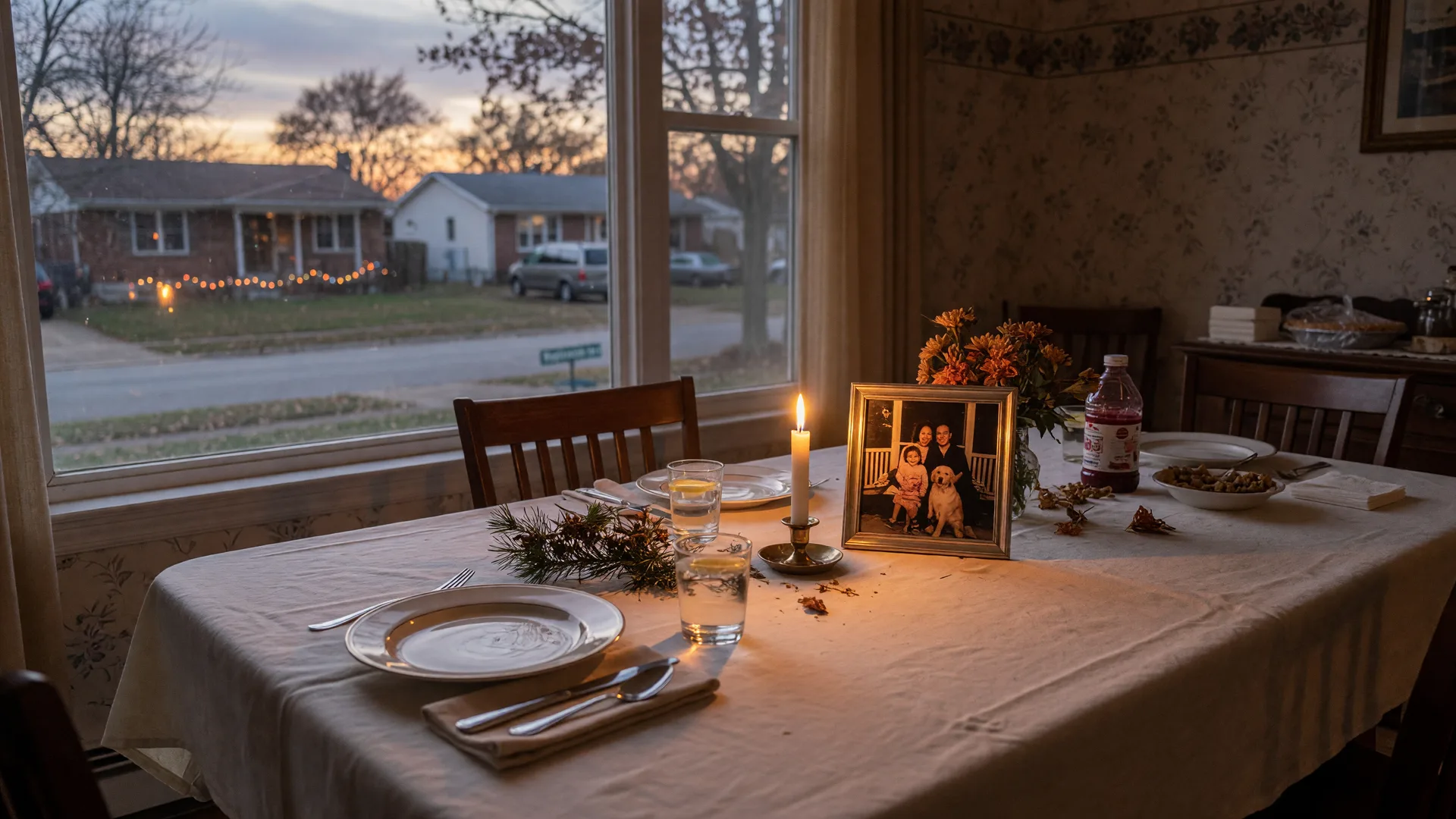 A warm photograph of a quiet Thanksgiving table in a Northwest Indiana family home after a loss, with a single lit candle, a framed family photograph, evergreen sprigs and autumn mums, two place settings on a linen tablecloth, and a suburban street visible through the window