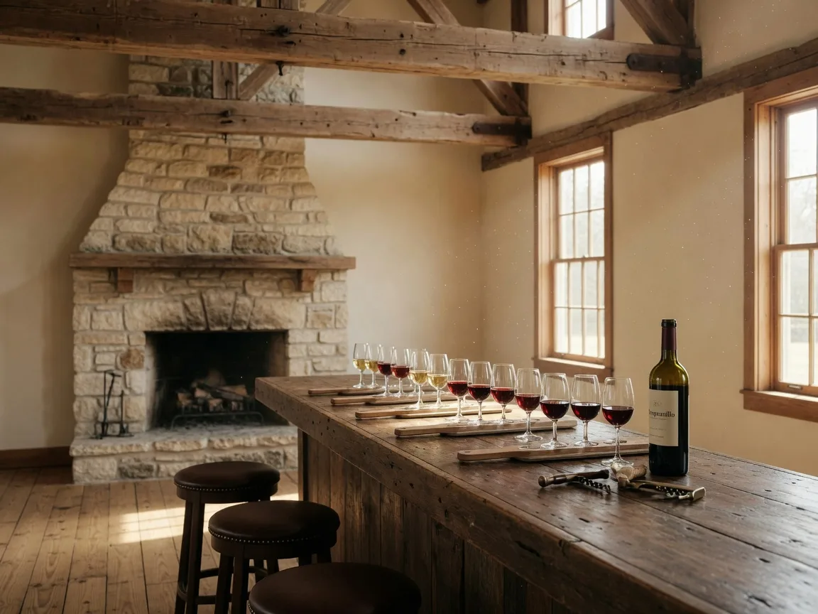 A long wooden tasting bar in a restored Hill Country barn with five-pour wine flights, a bottle of Tempranillo, and rough-hewn beams in warm afternoon light