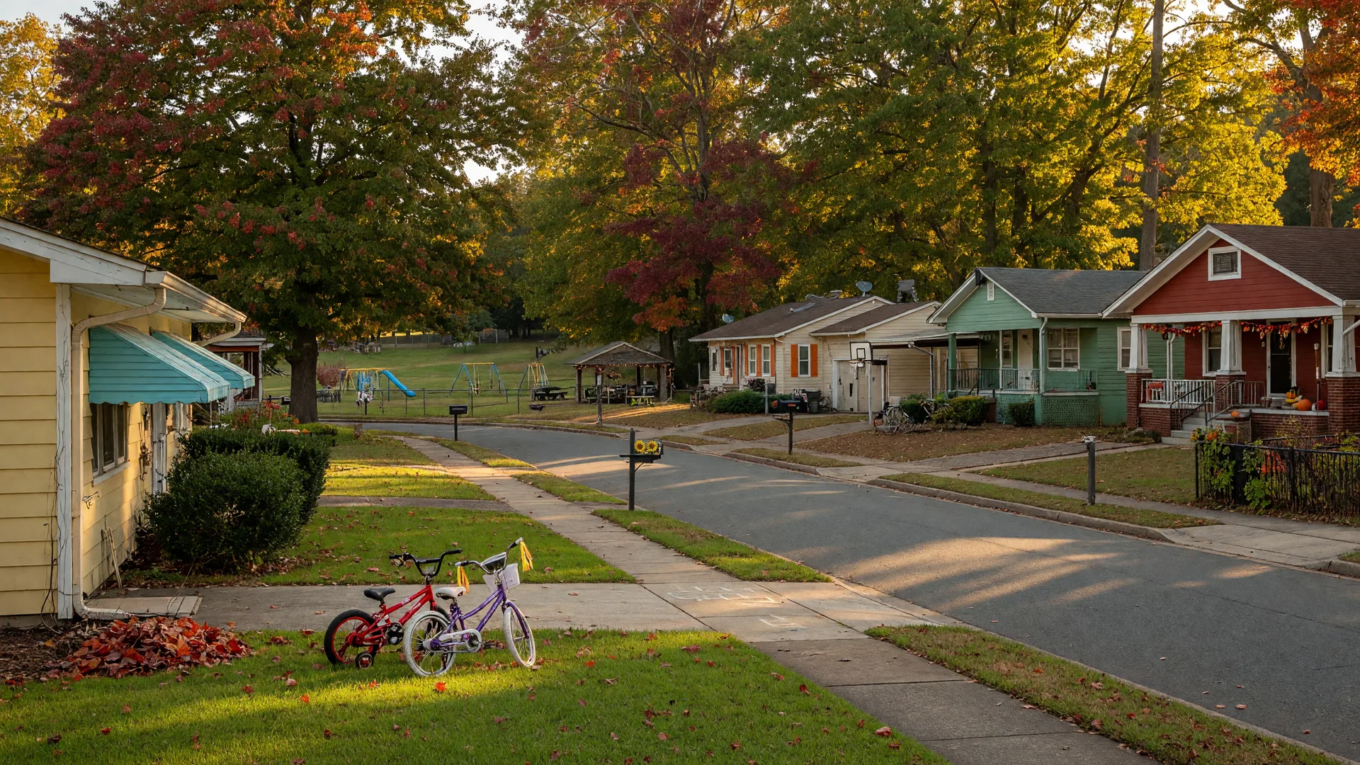 Tree-lined residential street in Grier Heights Charlotte NC with mid-century ranch homes and autumn foliage on a sunny afternoon