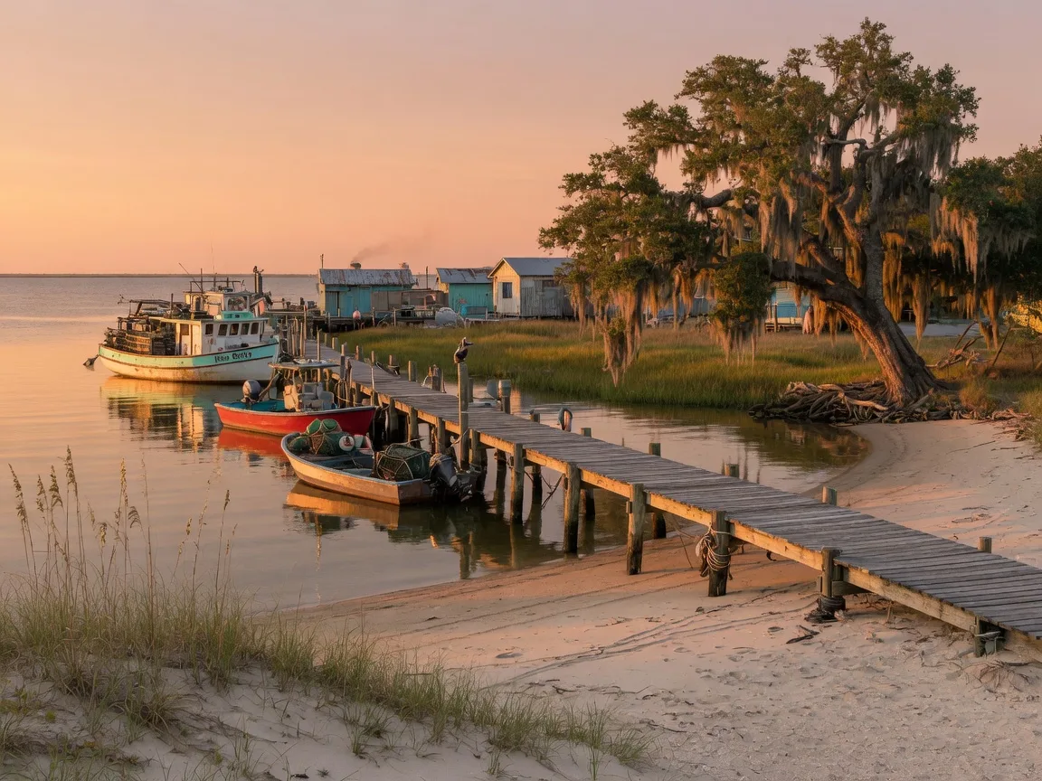 A small Mississippi Gulf Coast harbor at golden hour in October, with fishing boats on calm water and a live oak draped in Spanish moss leaning over the shoreline