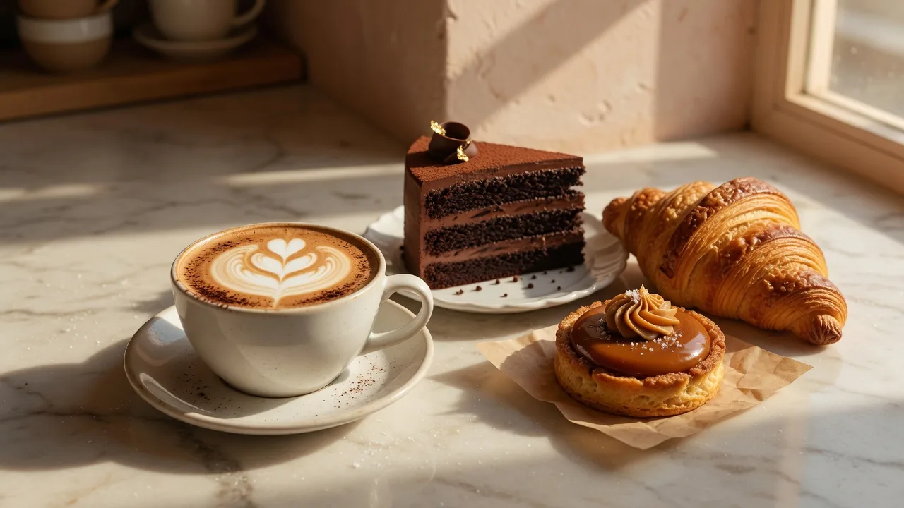 Cappuccino with latte art next to cake and pastries