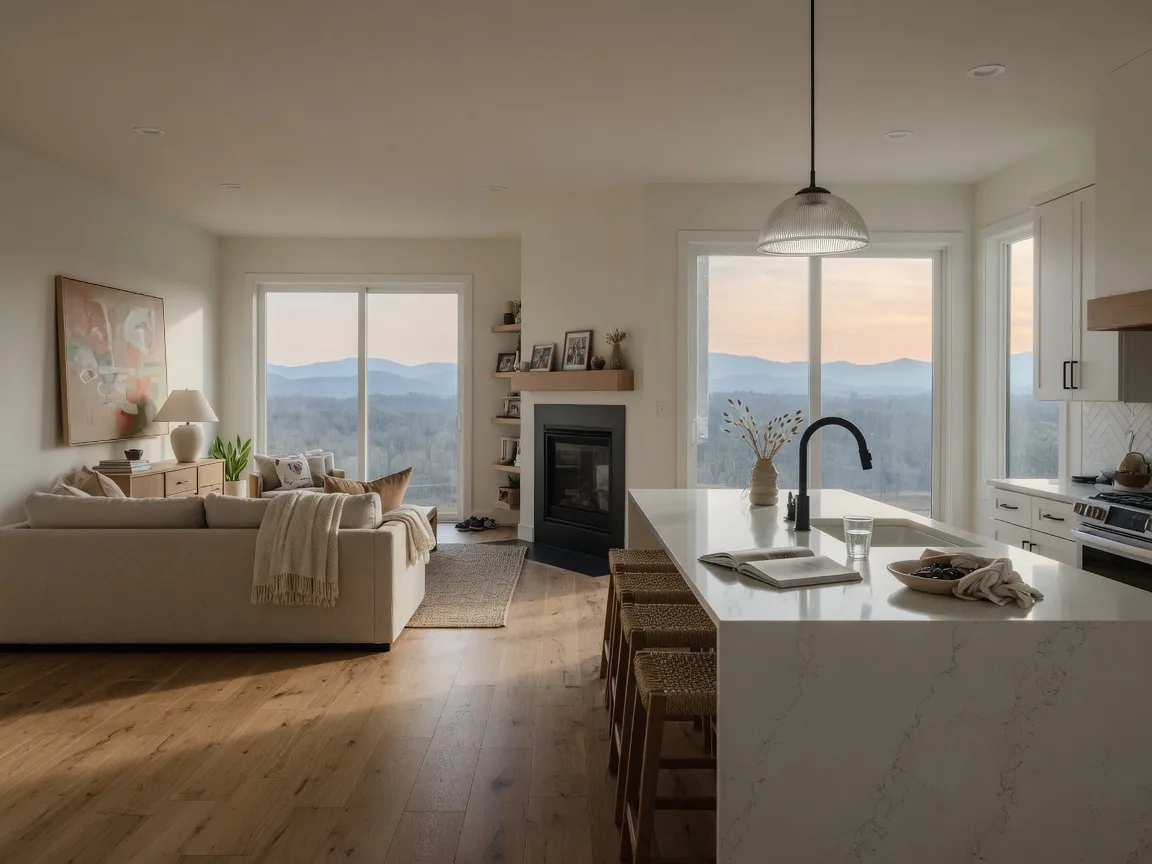Bright new-construction open floor plan in Hardin Valley with a white quartz kitchen island and mountain views