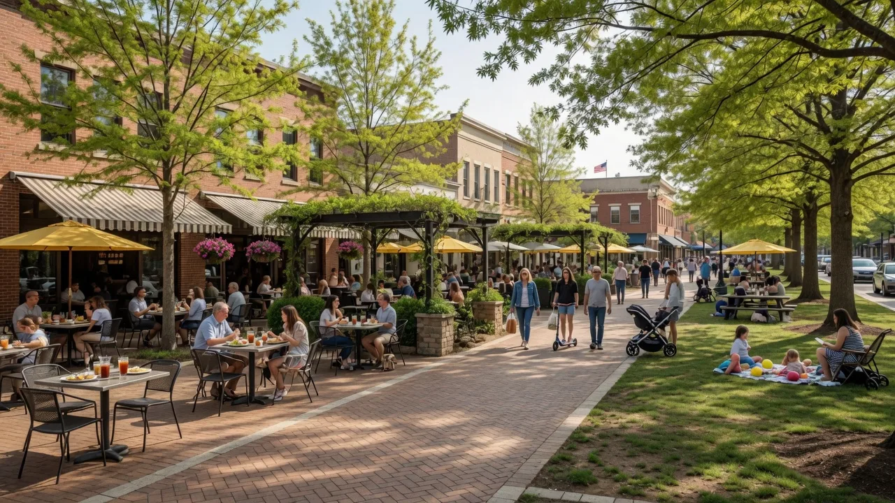 Smyrna Market Village with outdoor dining and tree-lined walkways on a sunny afternoon