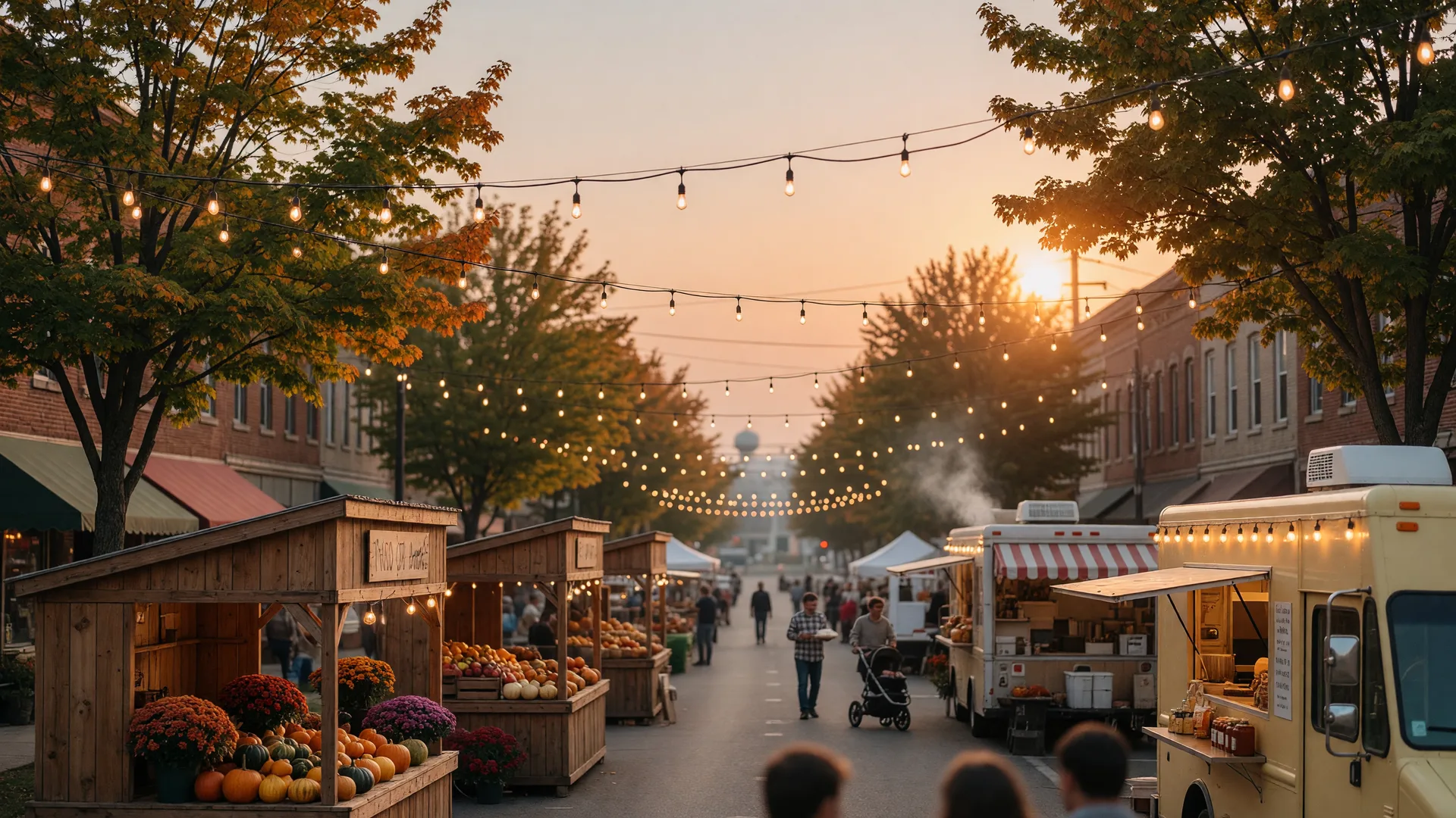 Small-town Ohio street festival at golden hour with string lights and market stalls