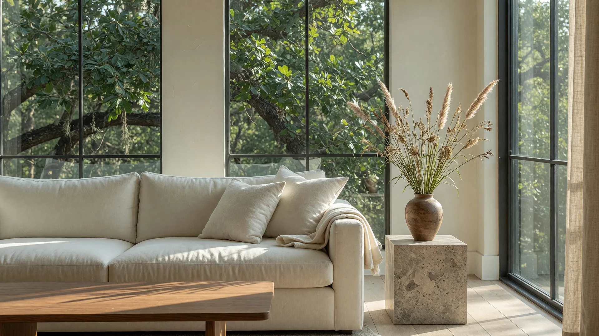 A serene, sunlit modern interior with floor-to-ceiling windows and green foliage outside