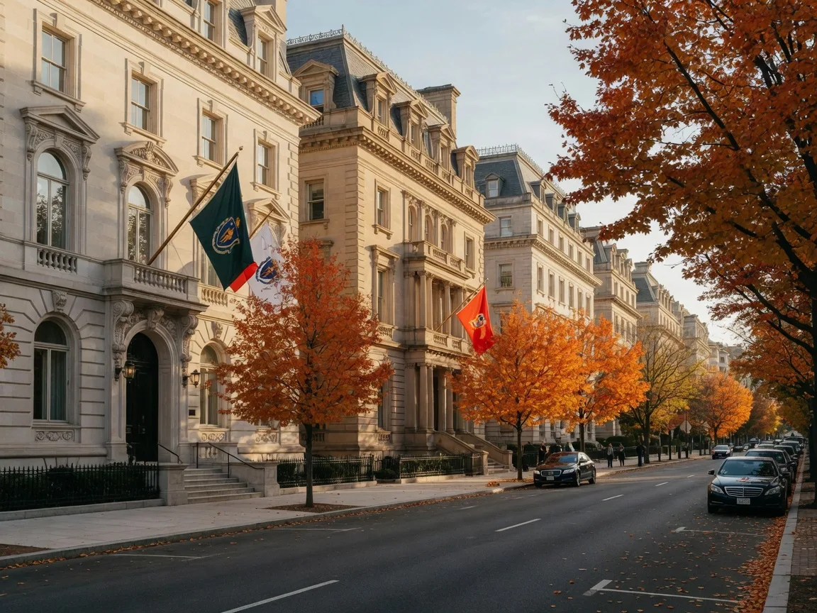 Embassy Row mansions along Massachusetts Avenue NW in Washington DC on a golden autumn afternoon