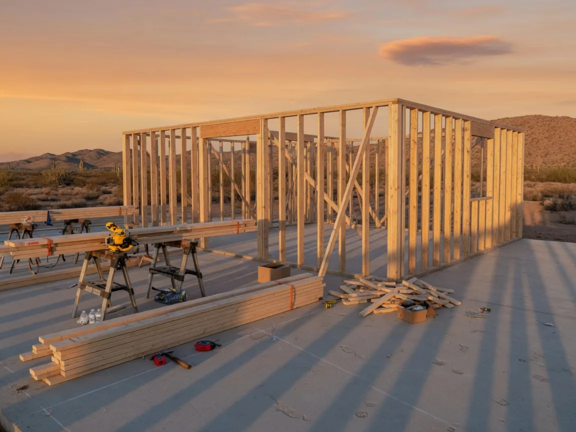 Wood framing of a small single-story home under construction at golden hour