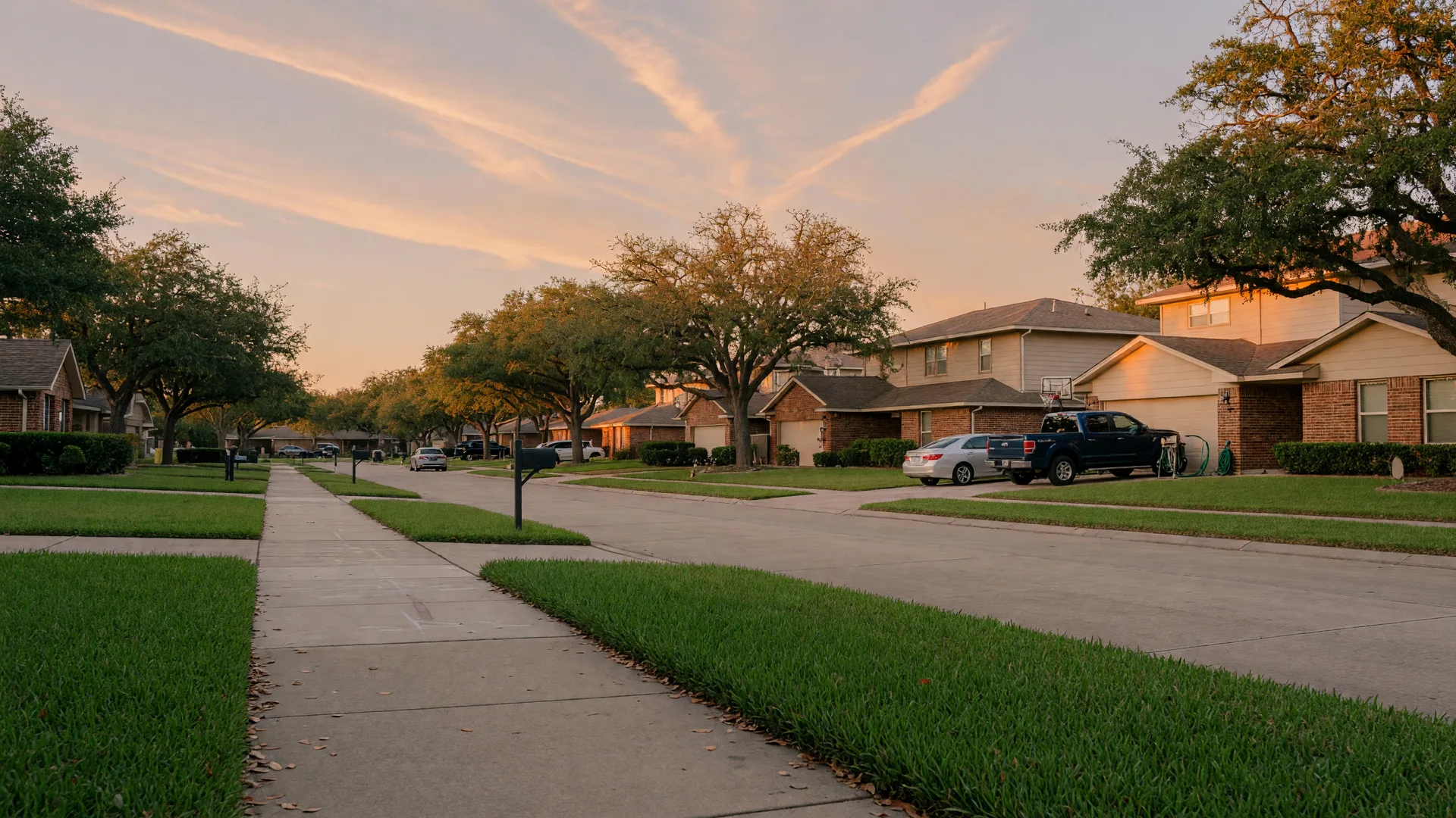 Golden-hour view of a quiet residential street in a Texas master-planned suburb, illustrative of Katy neighborhoods like Morton Ranch