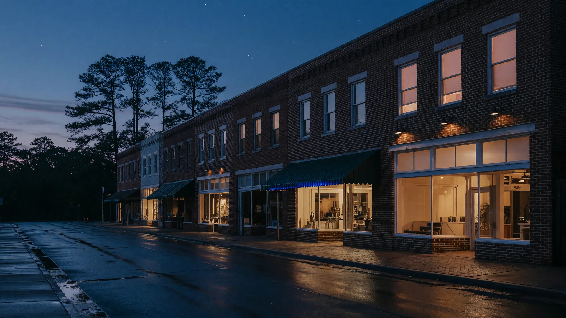 Blue-hour view of a brick main street in Southern Pines with warm glowing windows