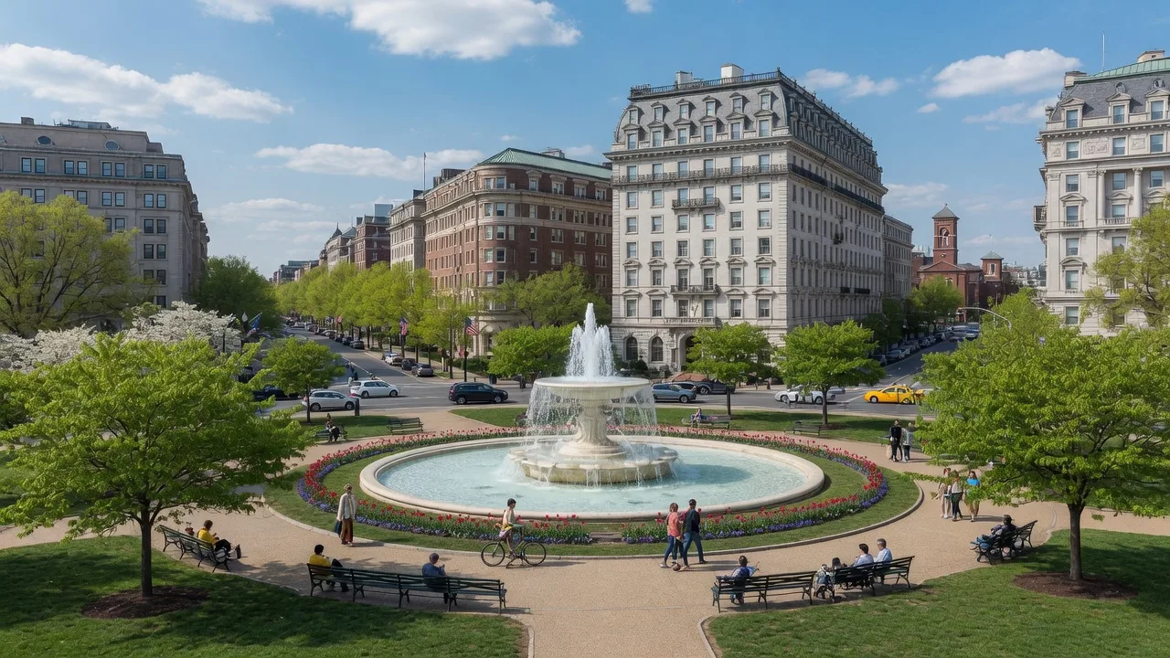 Dupont Circle fountain and historic buildings, Washington, DC