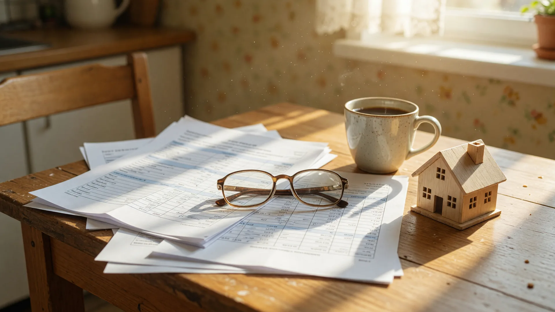 A sunlit kitchen table with financial documents, reading glasses, coffee, and a small wooden model house
