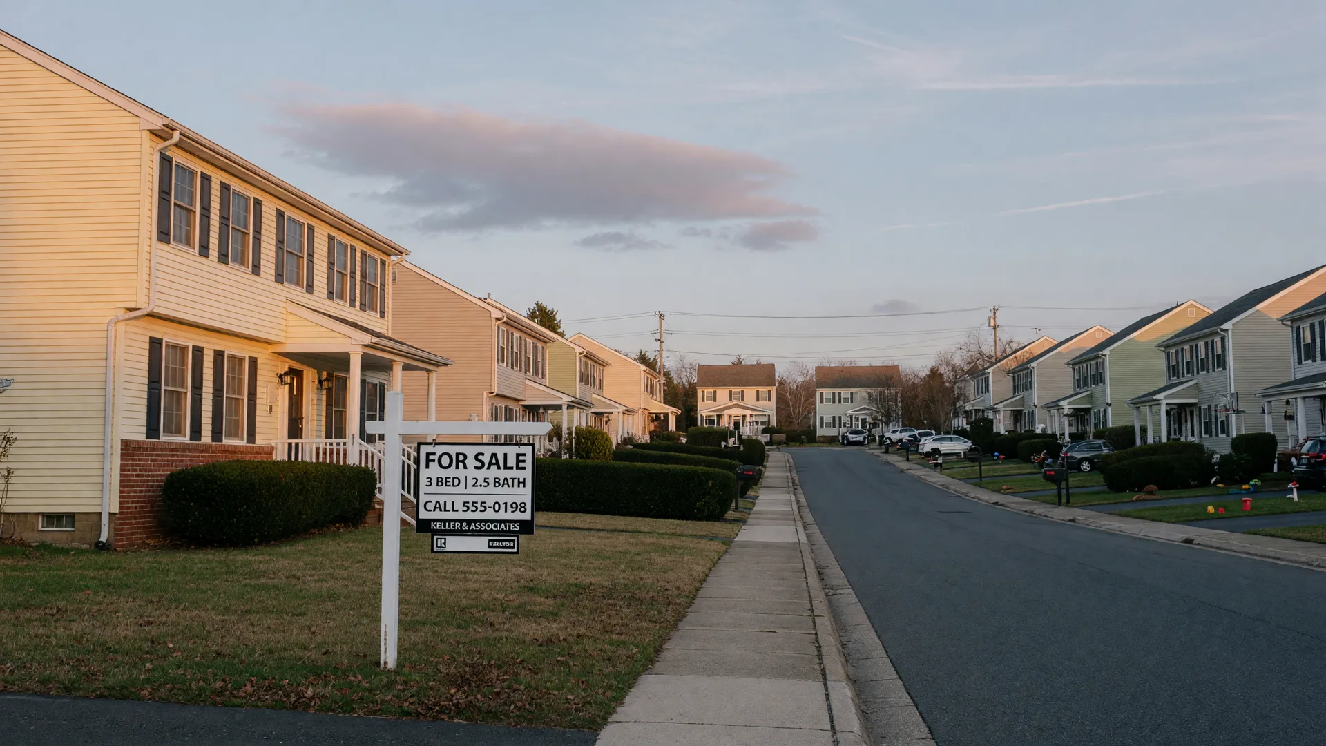 Suburban home with a for-sale sign in the yard at golden hour, representing the current housing market