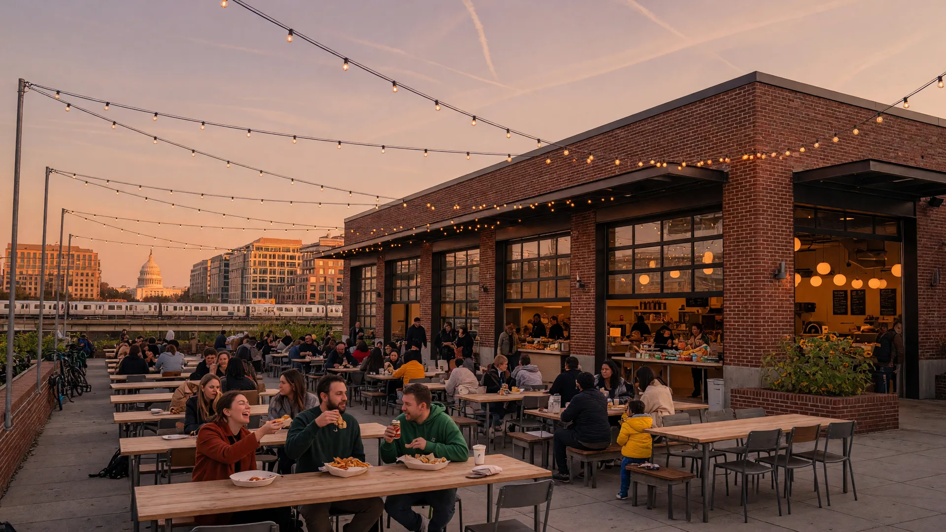 Union Market in Washington, DC at golden hour with outdoor seating, string lights, and the DC skyline in the background