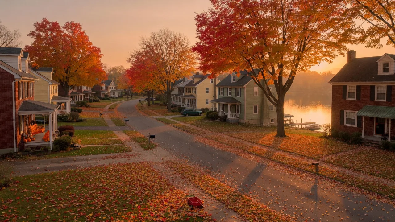 Ohio lakeside neighborhood in peak autumn with maples in red, orange, and gold