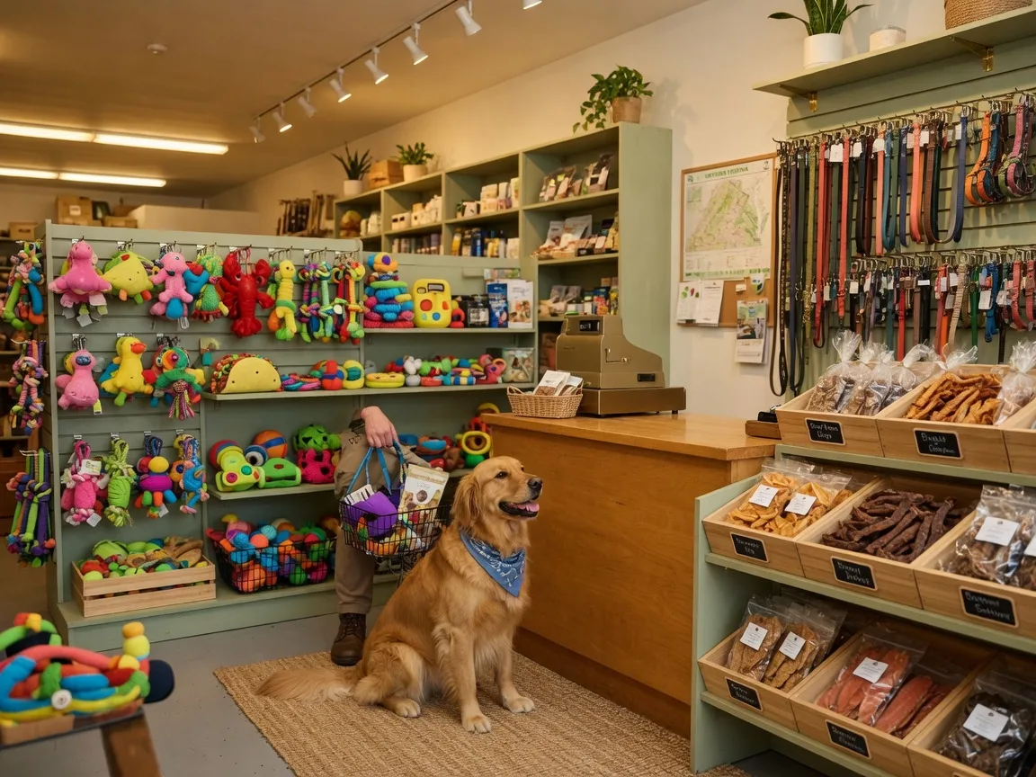 A well-stocked independent pet supply store in Northern Virginia with colorful dog toys, treat bins, and a golden retriever with their owner at the checkout counter