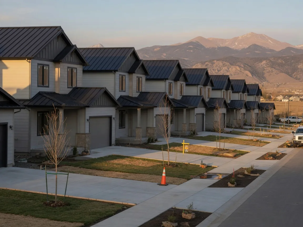 A row of newly built modern homes sharing identical rooflines in a new Erie, Colorado community with fresh driveways and young landscaping