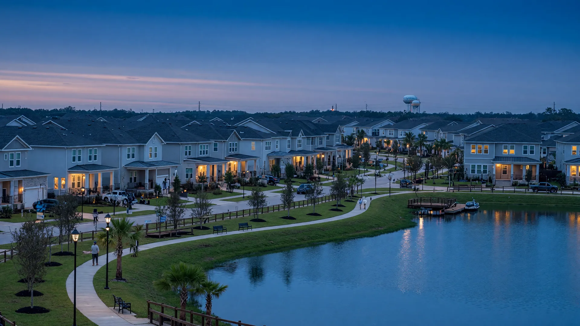 Master-planned community homes glowing at dusk in Cypress TX