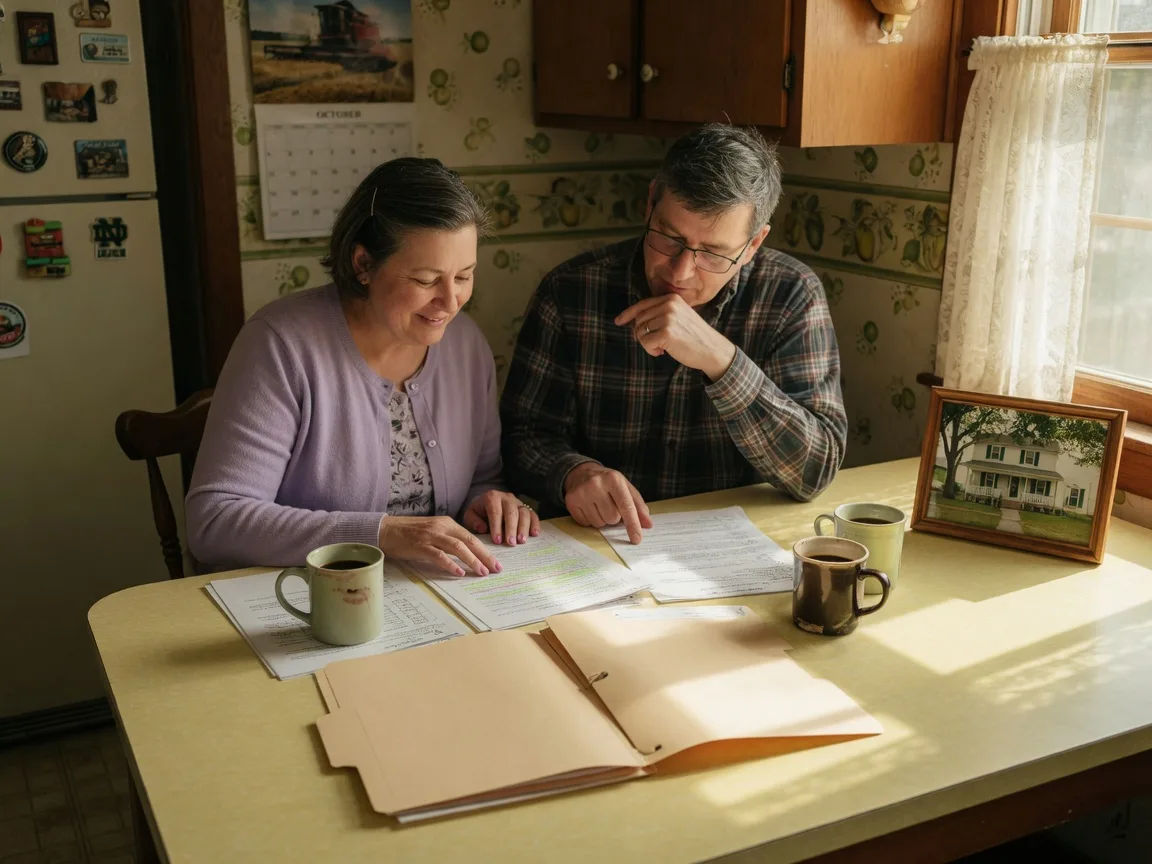 An adult brother and sister seated at a sunlit kitchen table in a Northwest Indiana family home, reviewing paperwork together with coffee mugs and an open folder