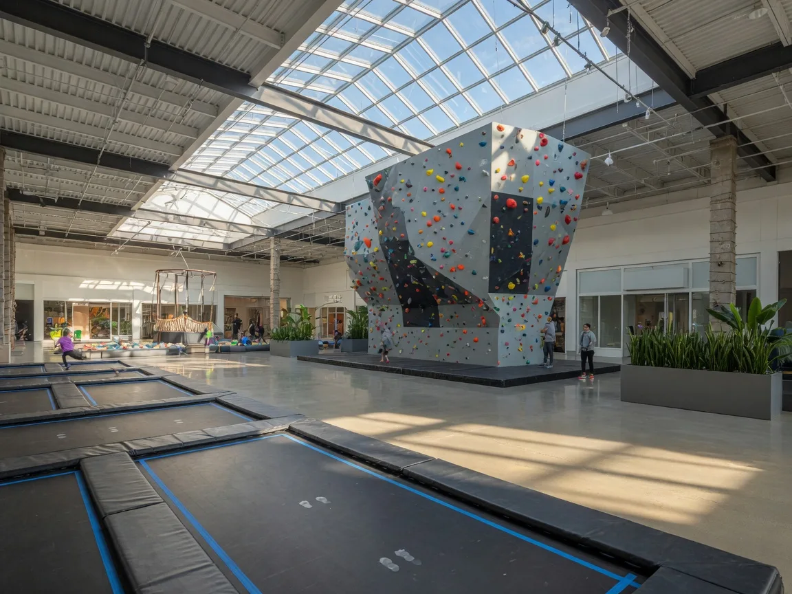 Bright indoor family entertainment center with trampoline courts and a tall climbing wall beneath a skylight ceiling