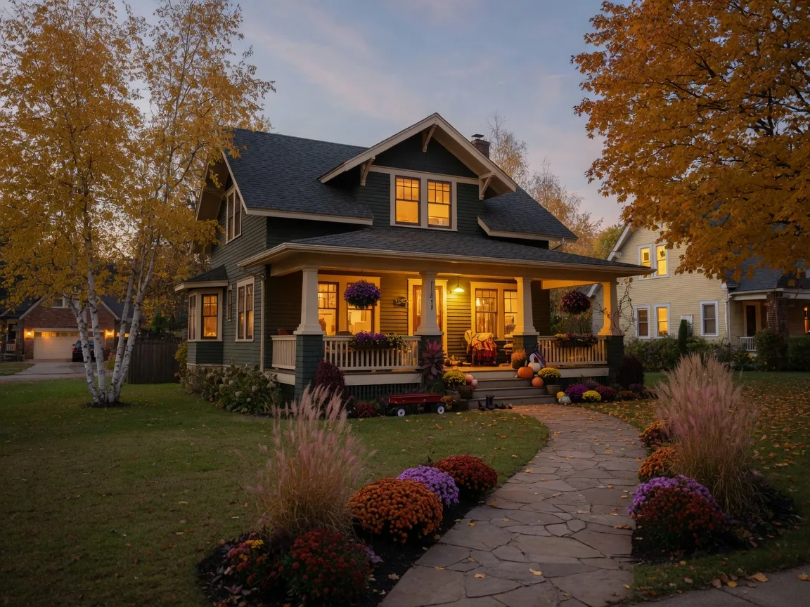 A welcoming Minnesota family home with warm glowing windows on an early autumn evening