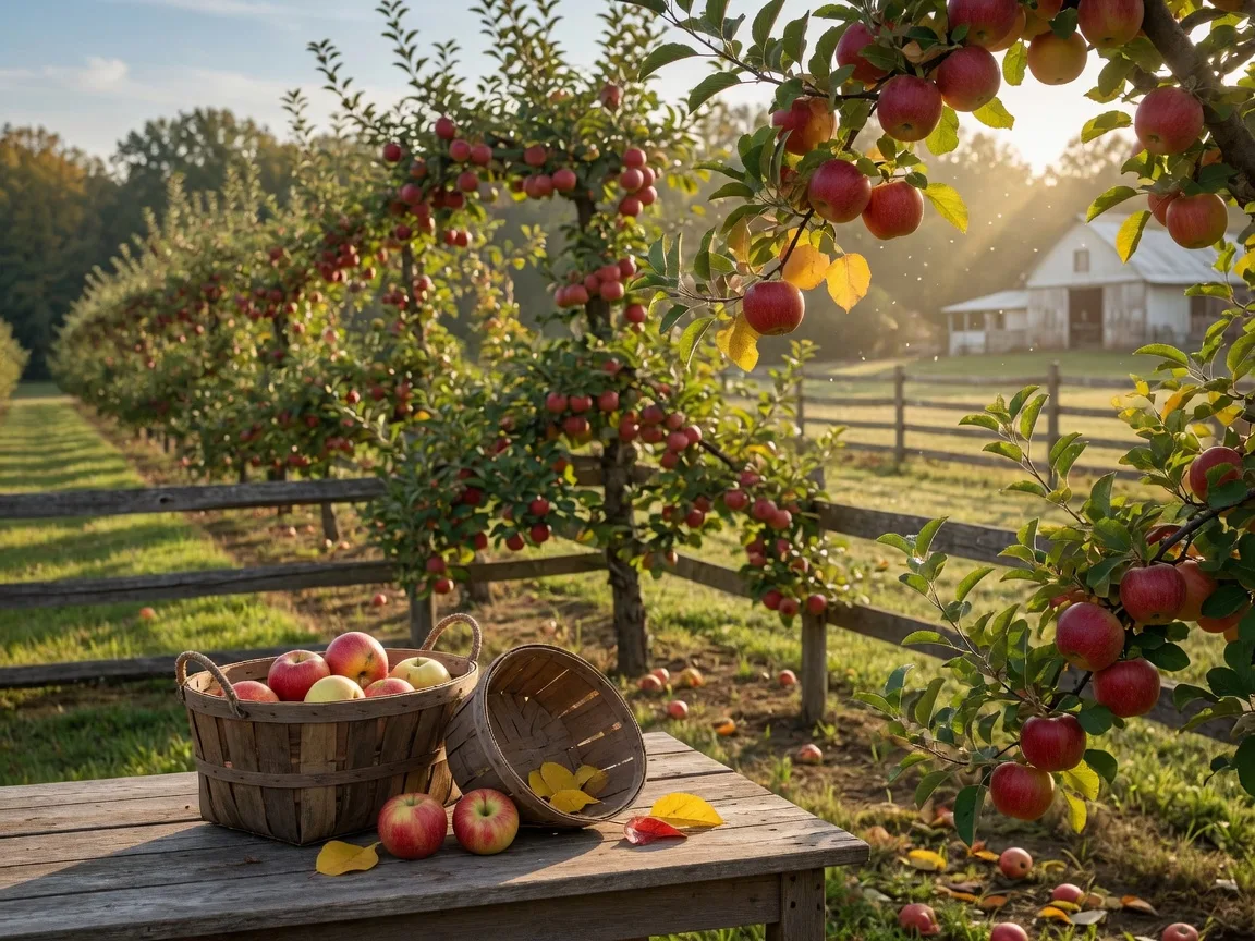Rows of apple trees heavy with red and gold fruit at a Burlington County orchard in early autumn