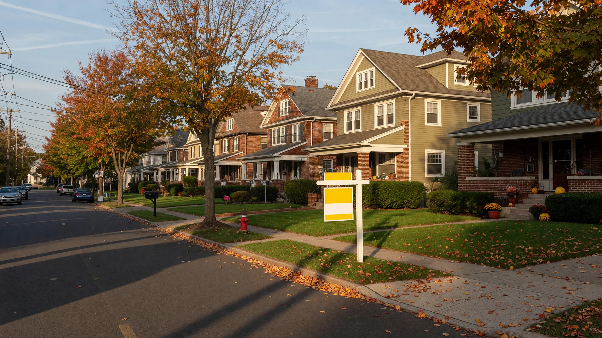 A quiet New Jersey suburban street in early October with colonial homes, amber maple trees, a for-sale sign on a front lawn, and golden afternoon light