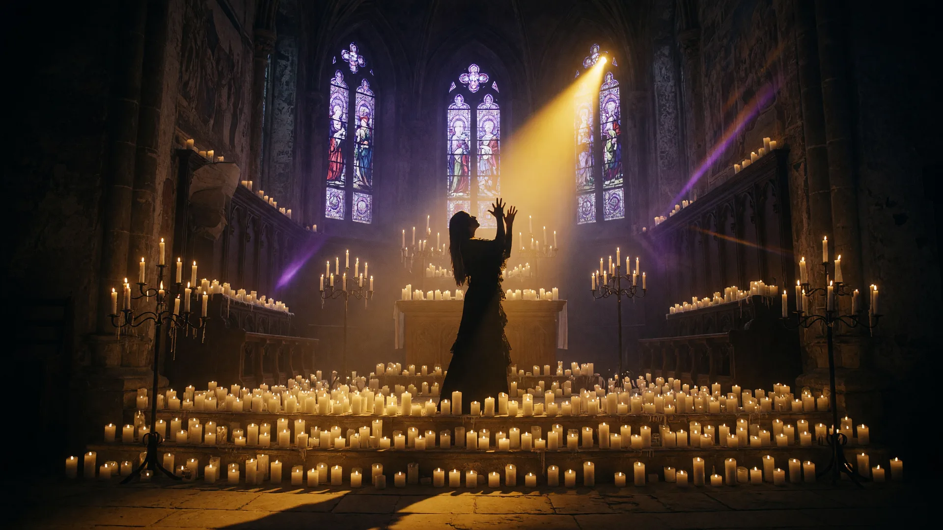 A dramatic candlelit performance in a historic chapel with a performer silhouetted under a golden spotlight and violet rim light