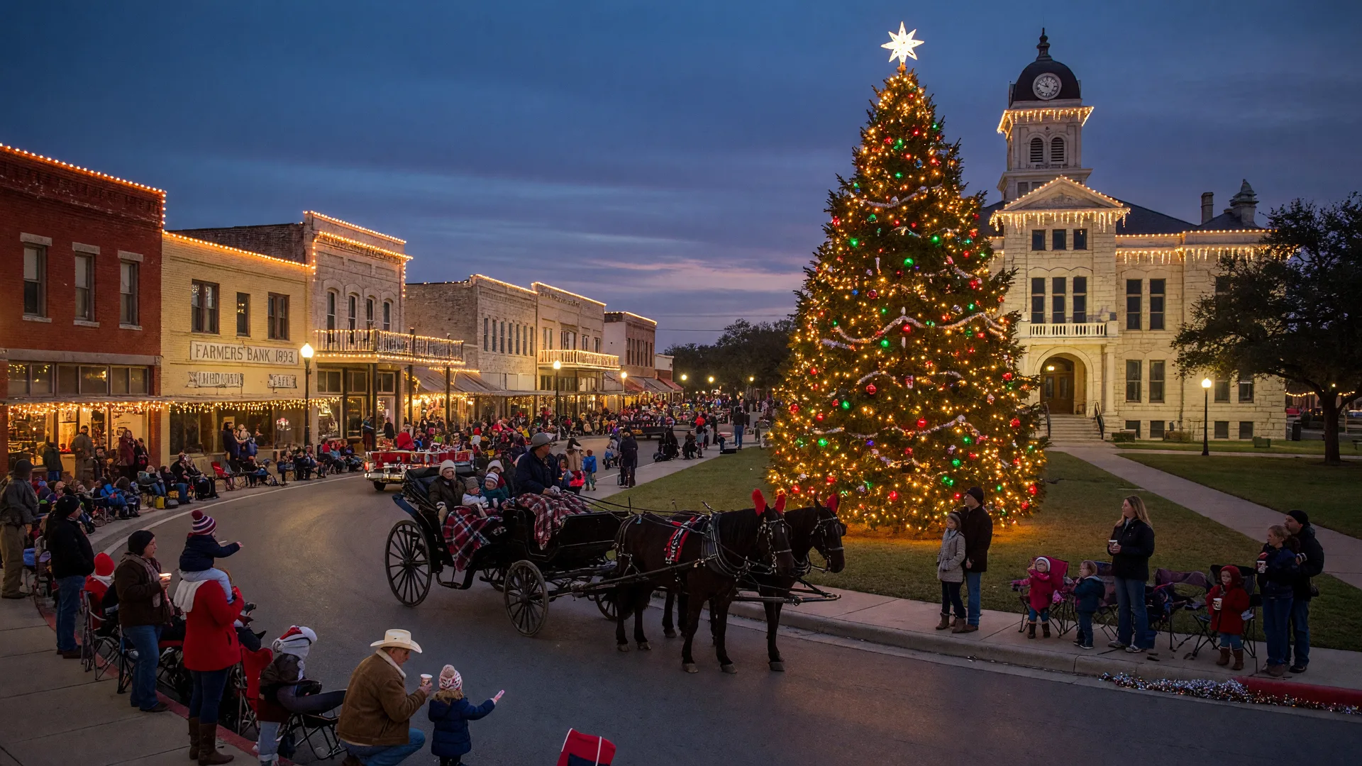 A small-town Texas holiday parade and Christmas tree lighting on a historic courthouse square at dusk, with warm string lights and a glowing evergreen tree