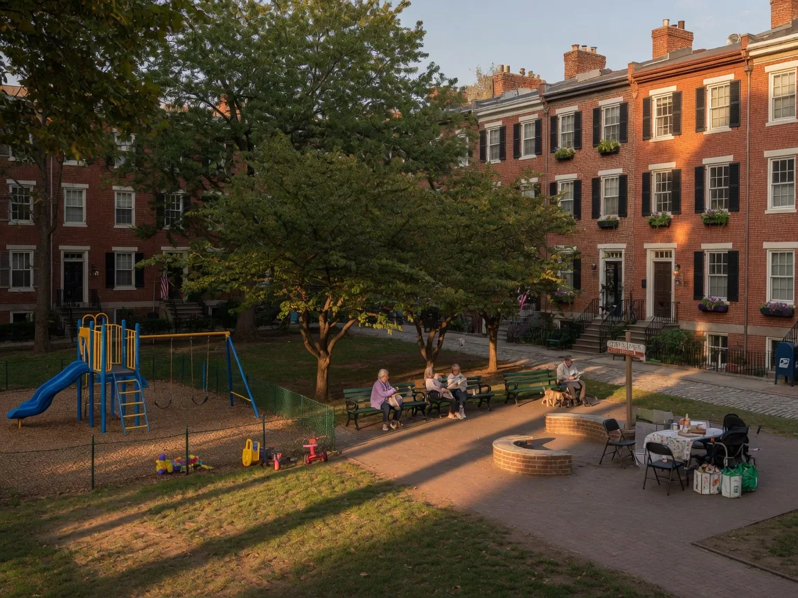 Society Hill Park with playground surrounded by historic rowhomes