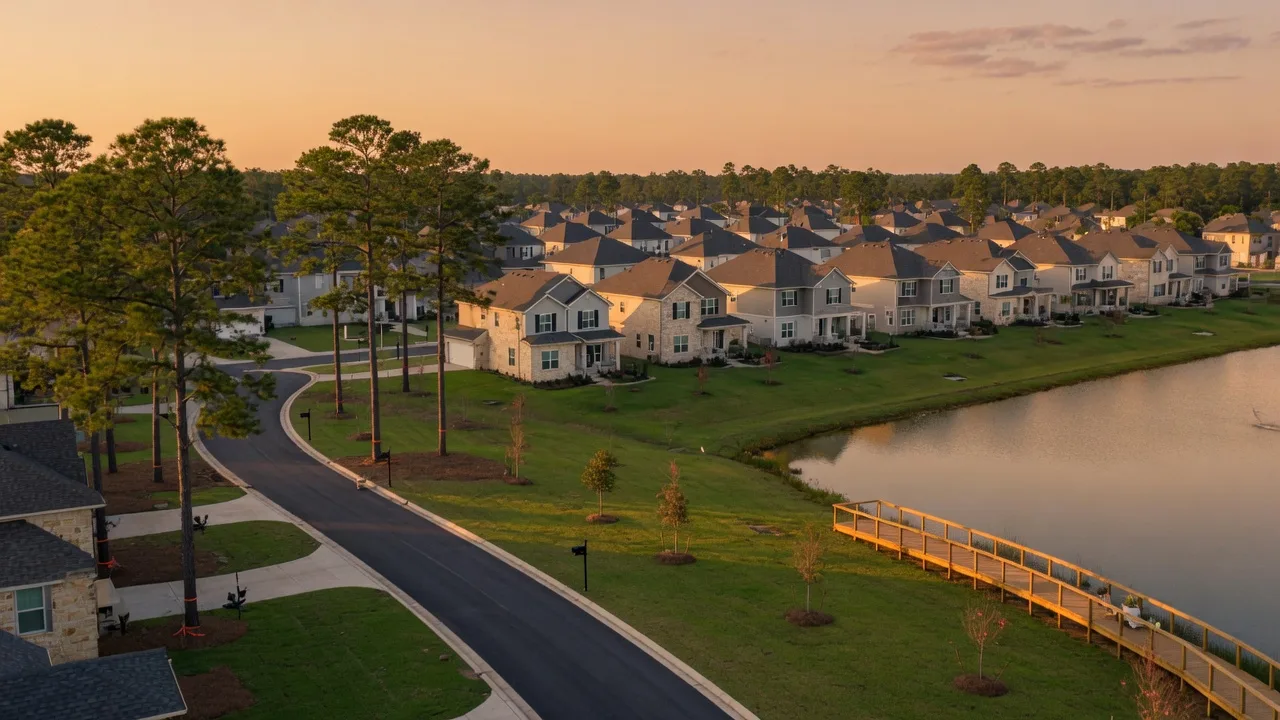 A low aerial view of a new master-planned Texas community at golden hour, with rows of two-story homes, preserved pines, a lake with a boardwalk, and a winding trail