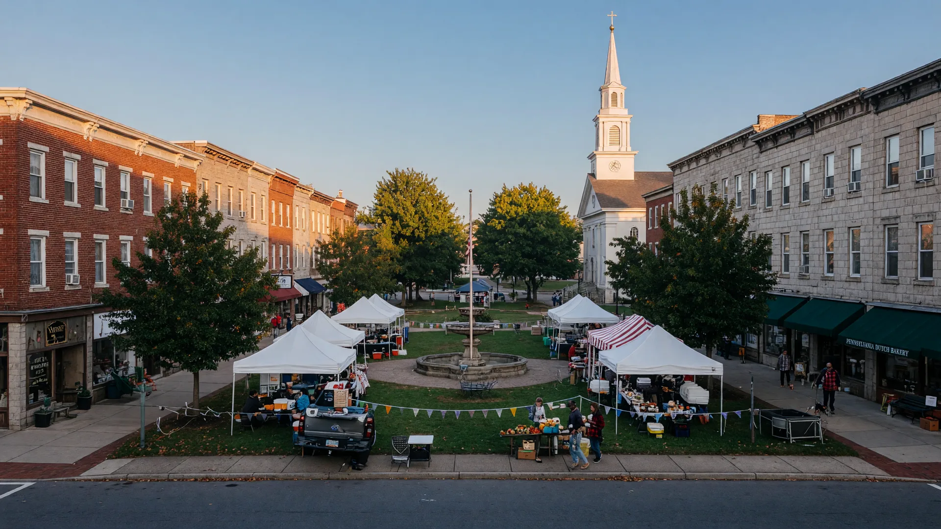 A small Pennsylvania town square on a crisp September Friday morning as market vendors set up around the center circle
