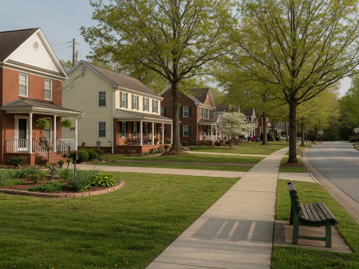 Quiet family neighborhood in Cherokee County with brick and siding homes, green lawns, a sidewalk, shade trees, and a park bench down the block