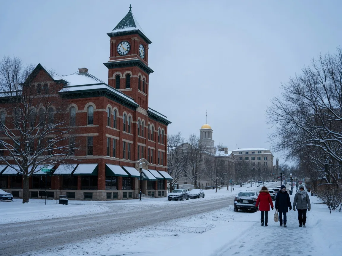 Downtown Iowa City after a winter snowfall with a snow-dusted historic brick clock tower