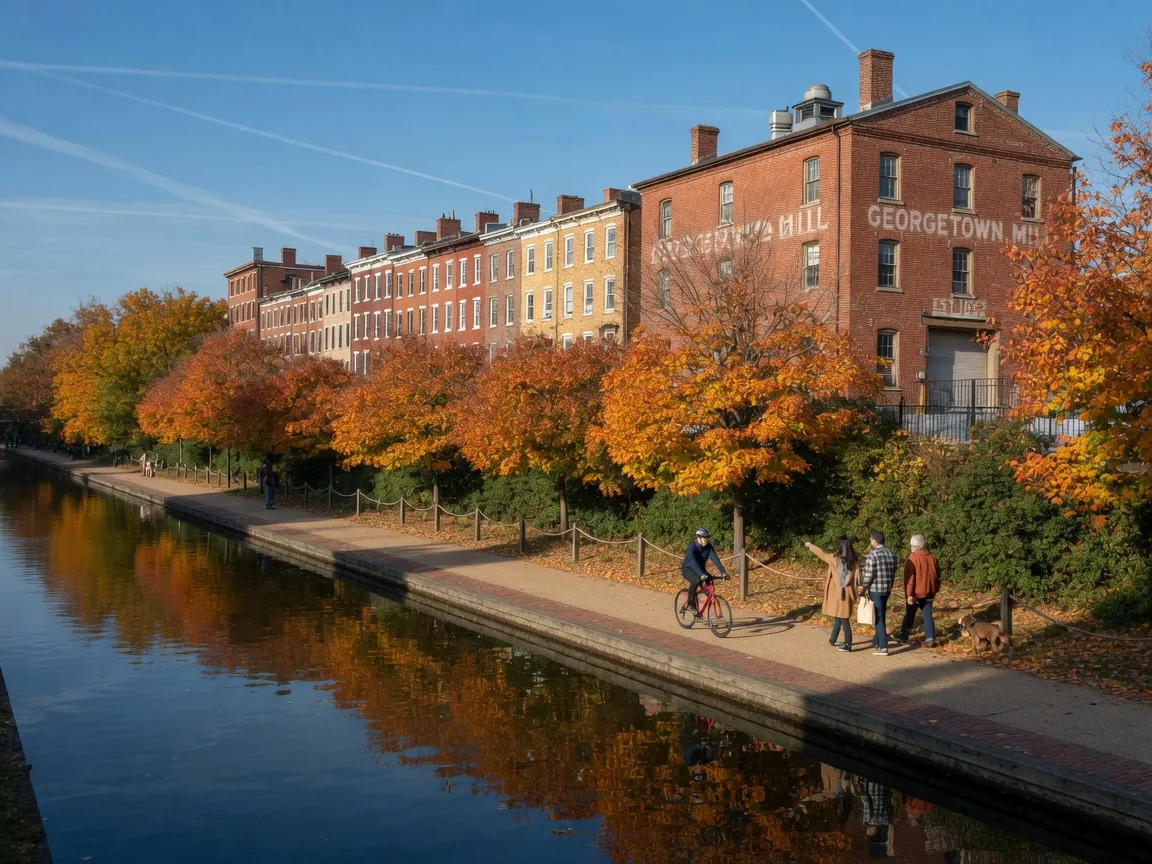 The Georgetown waterfront along the C&O Canal towpath in Washington DC on a bright October afternoon, the canal reflecting blue sky and autumn trees, people strolling and a cyclist on the towpath, brick rowhouses and a historic warehouse behind the fall foliage