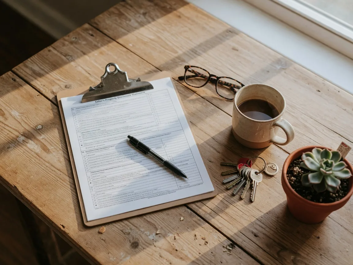 A clipboard holding a real estate disclosure form with a pen, reading glasses, coffee, and house keys on a kitchen table