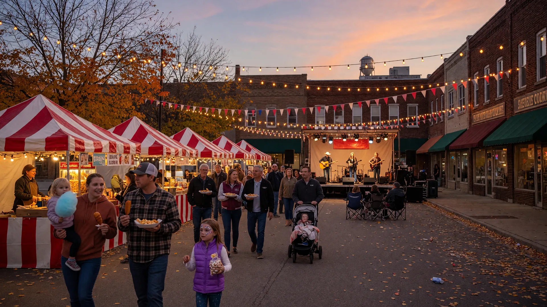 Small-town fall street festival in Northwest Indiana at dusk with red and white vendor tents, string lights and pennant bunting overhead, brick storefronts, and families strolling with festival food
