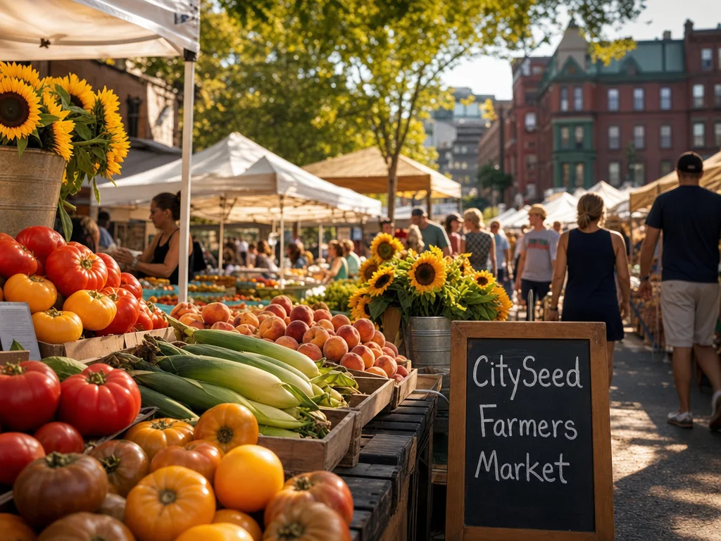 Vibrant farmers market stalls in New Haven with wooden crates of heirloom tomatoes, corn, peaches, and sunflowers under canvas tents on a sunny morning