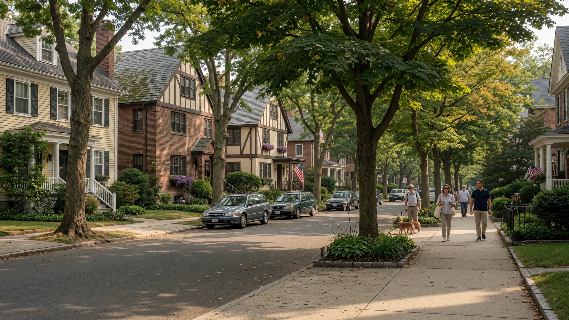 Tree-lined residential street in Montclair New Jersey with historic homes on a late-summer morning